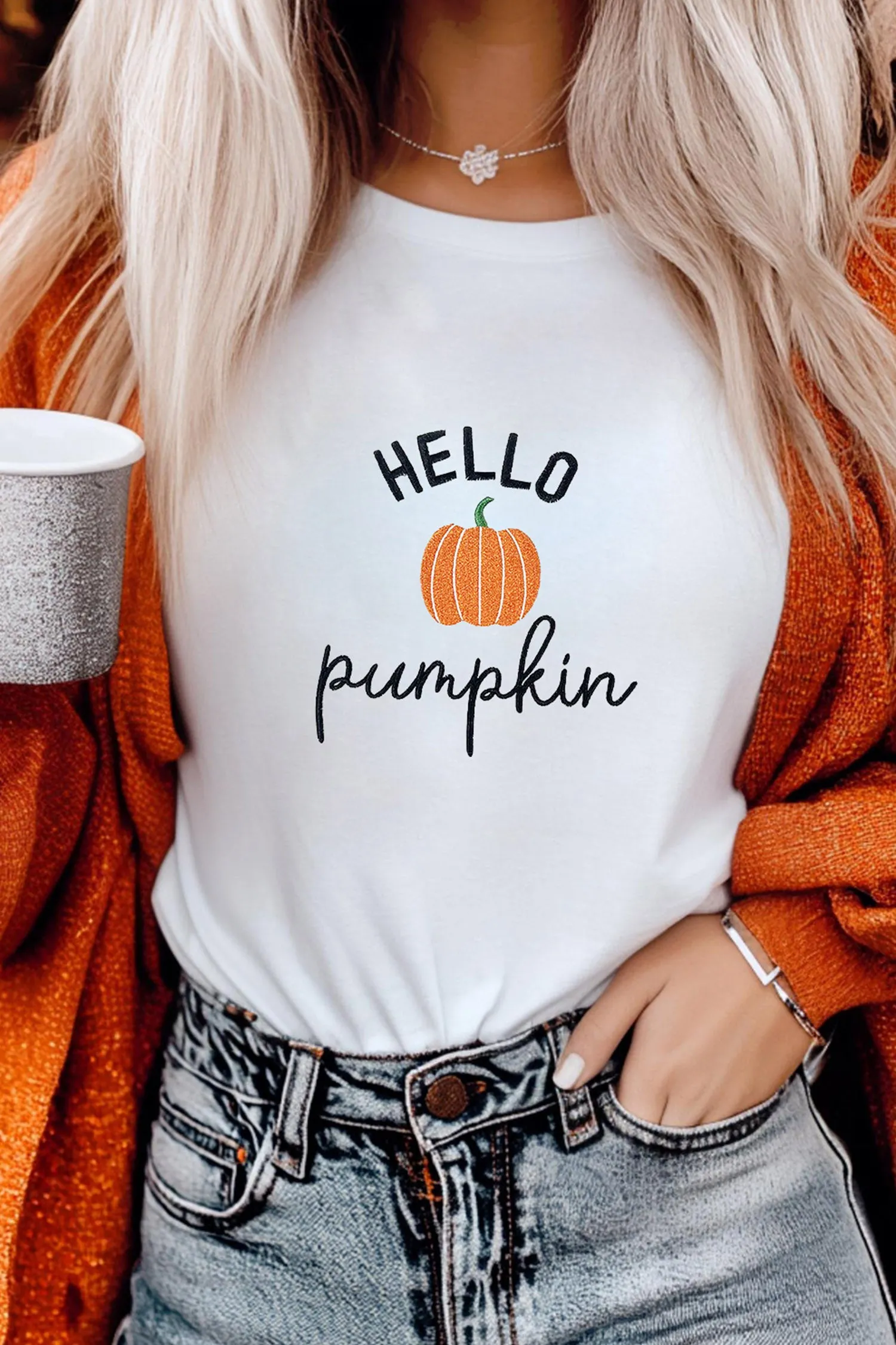 Embroidered Pumpkin Slogan Short Sleeve T-Shirt – White sold by Beagle Boutique product image thumbnail 2