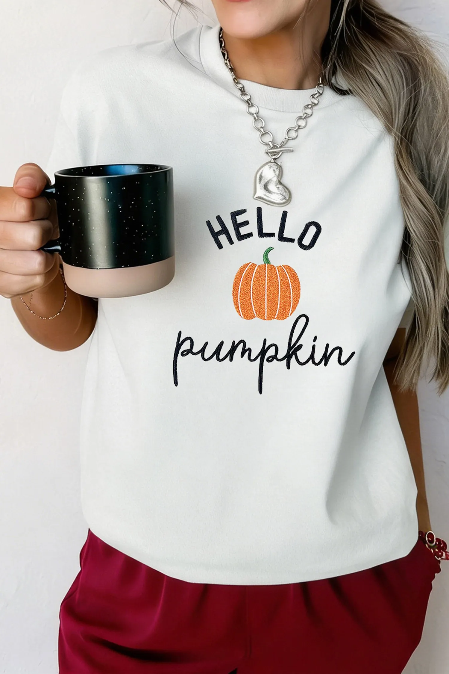 Embroidered Pumpkin Slogan Short Sleeve T-Shirt – White sold by Beagle Boutique product image thumbnail 3
