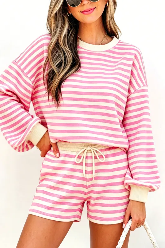Striped Long Sleeve Crew Neck Drawstring Waist Shorts Set – Pink made by eAura
