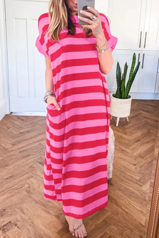 Cuffed Short Sleeve Pocketed Casual T Shirt Long Dress – Rose Stripe made by Beagle Boutique