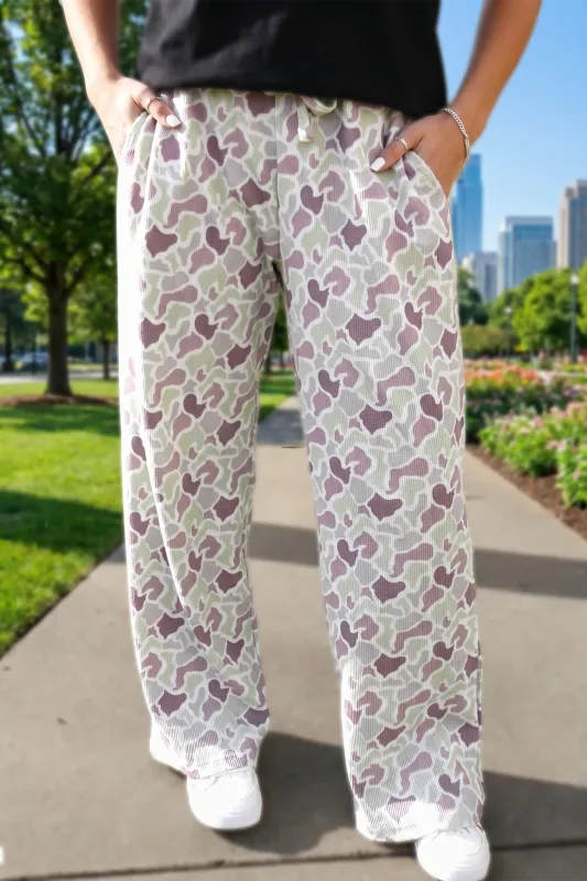 Camo Print Drawstring Waist Loose Fit Full Length Pants – Green made by Beagle Boutique