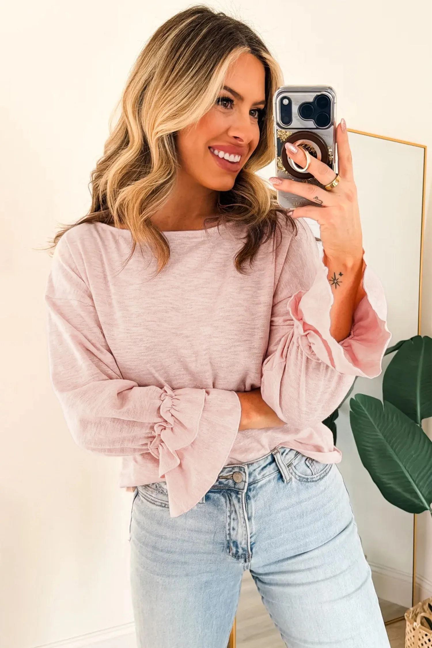 Gossamer Pink Long Sleeve Ruffle Cuff Casual Elegant Top – Light Pink sold by Beagle Boutique product image thumbnail 4