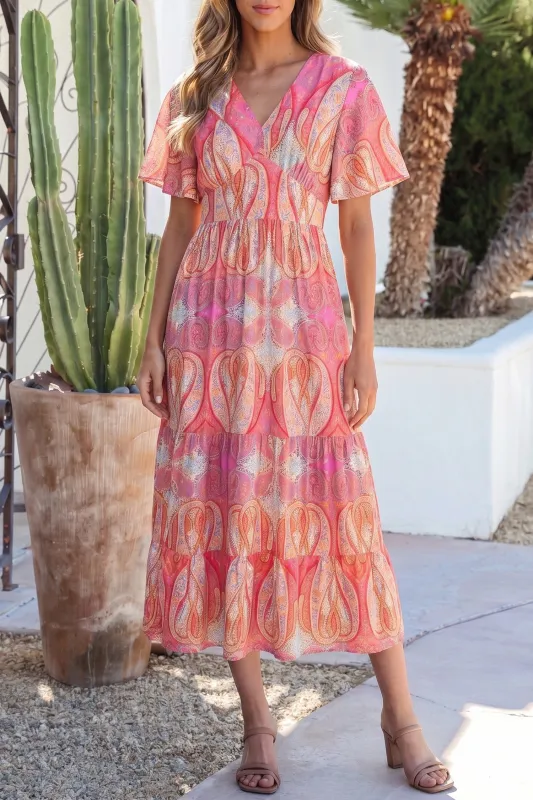 Paisley Print V-Neck Short Sleeve Boho Maxi Dress with Ruffle Details – Multicolour made by Beagle Boutique