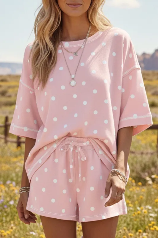 Polka Dot Short Sleeve Loose Top Drawstring Shorts Set – Pink made by Beagle Boutique
