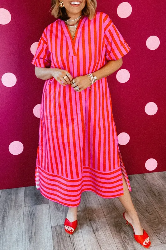 V Neck Cuffed Sleeve Relaxed Split Midi Dress – Red Stripe made by eAura