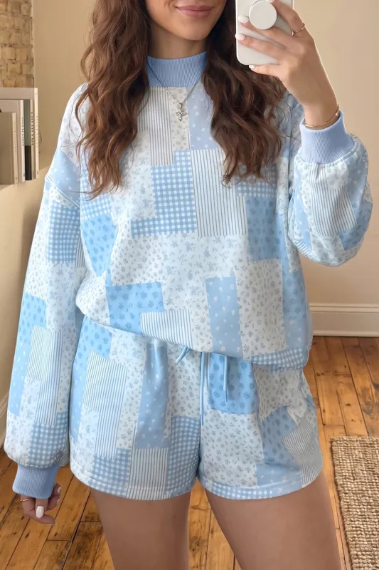 Sky Blue Patchwork Floral Print Drop Shoulder Baggy Pullover Drawstring Shorts Set – Light Blue made by Beagle Boutique