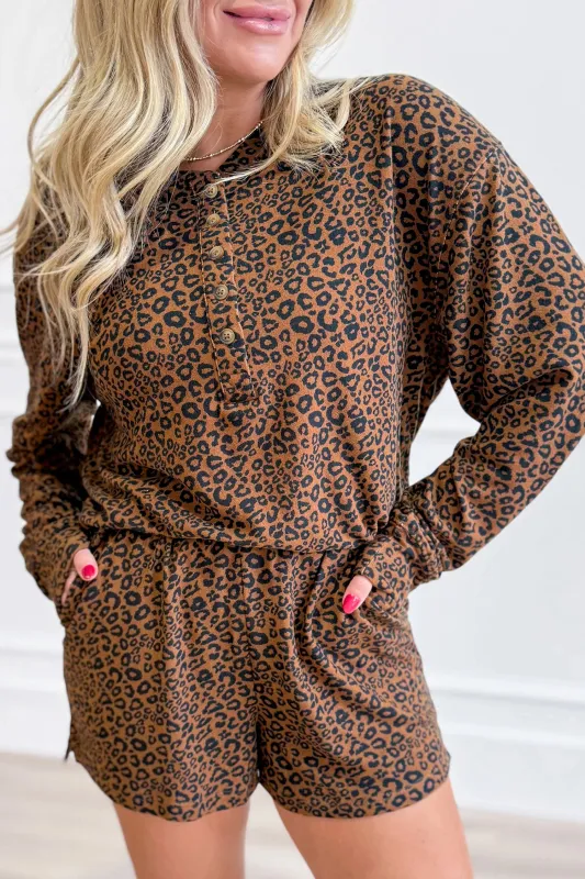 Leopard Print Long Sleeve Henley Top Elastic Waist Shorts 2pcs Outfit – Brown made by Beagle Boutique