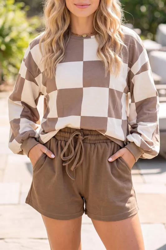 Checkerboard Plaid Long Sleeve Solid Colour Shorts 2pcs Set – Khaki made by Beagle Boutique