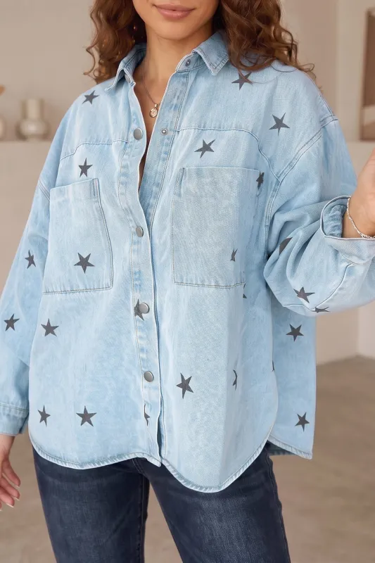 Sky Blue Stars Pattern Long Sleeve Shirt Collar Denim Jacket – Light Blue made by Beagle Boutique