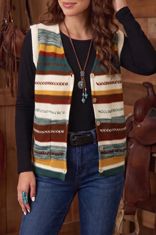 Striped Button Front Sleeveless Knit Regular Fit Sweater Vest – Multicolour made by Beagle Boutique