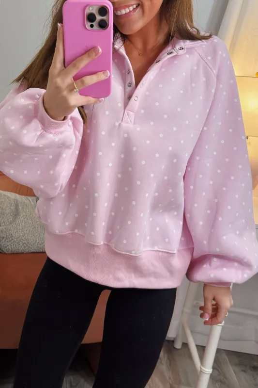 Polka Dot Print Metal Button Collar Casual Pullover Sweatshirt – Pink made by Beagle Boutique