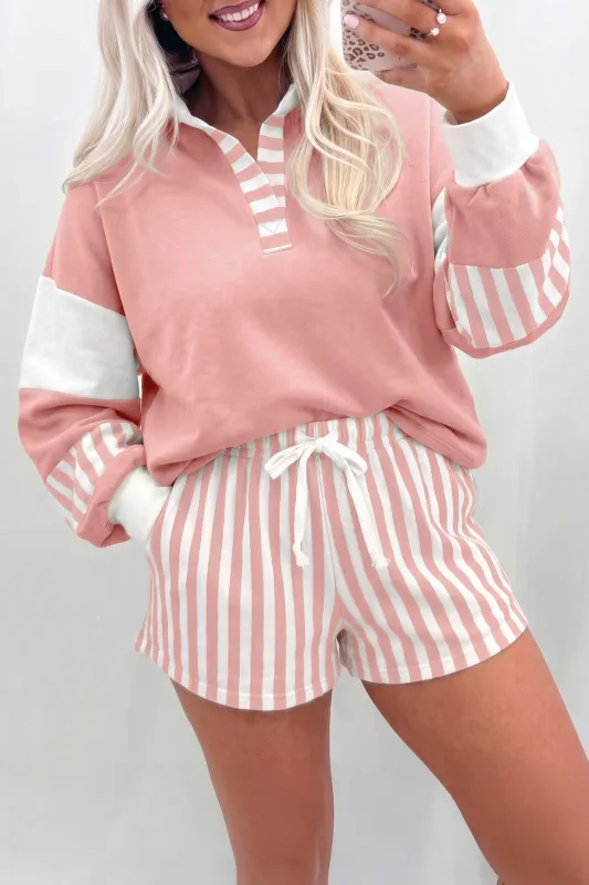 Gossamer Pink Striped Color Block Pullover Top Drawstring Shorts Set – Light Pink made by Beagle Boutique