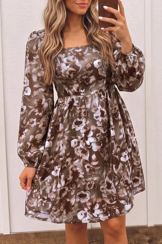 Abstract Floral Print Square Neck Long Sleeve Mini Shift Dress – Brown made by Beagle Boutique