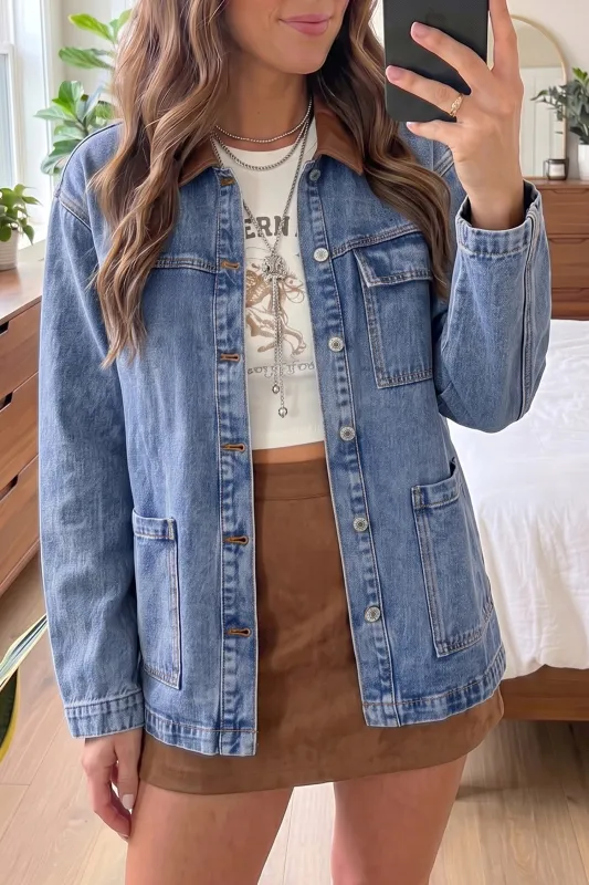 Sky Blue Patchwork Leather Collar Long Sleeve Denim Jacket – Light Blue made by Beagle Boutique