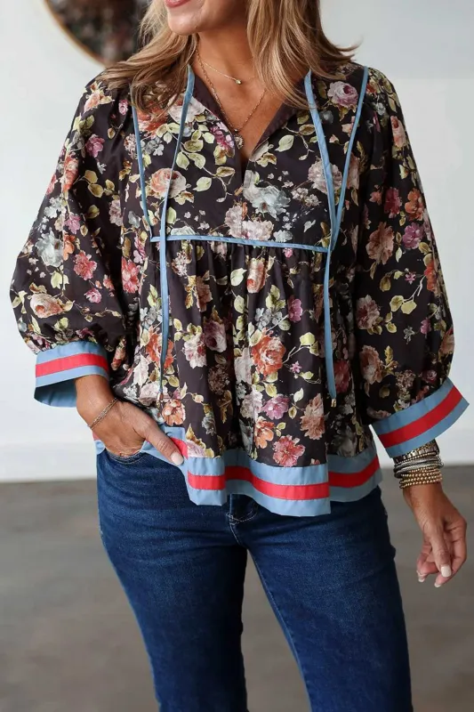 Floral Print Contrast Trim Tie V Neck Bracelet Sleeve Blouse – Black made by Beagle Boutique