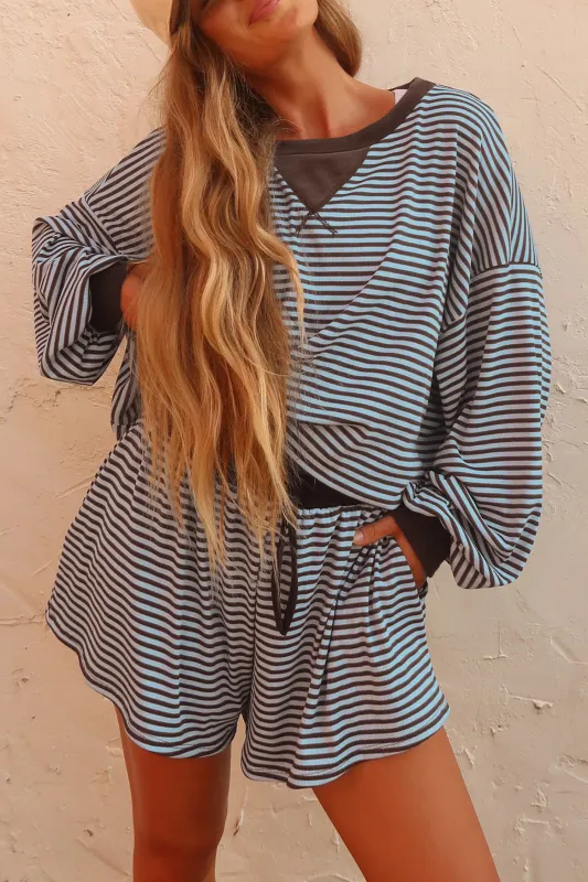 Oversized Long Sleeve Top Drawstring Loose Shorts 2pcs Set – Brown Stripe made by Beagle Boutique