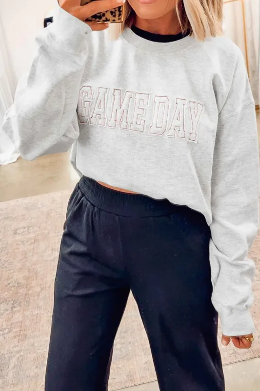 Game Day Letter Embroidery Long Sleeve Round Neck Sweatshirt – Light Grey made by Beagle Boutique
