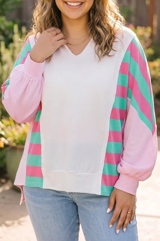 Striped Colourblock V Neck Shift Long Sleeve Plus Size Blouse – White made by Beagle Boutique