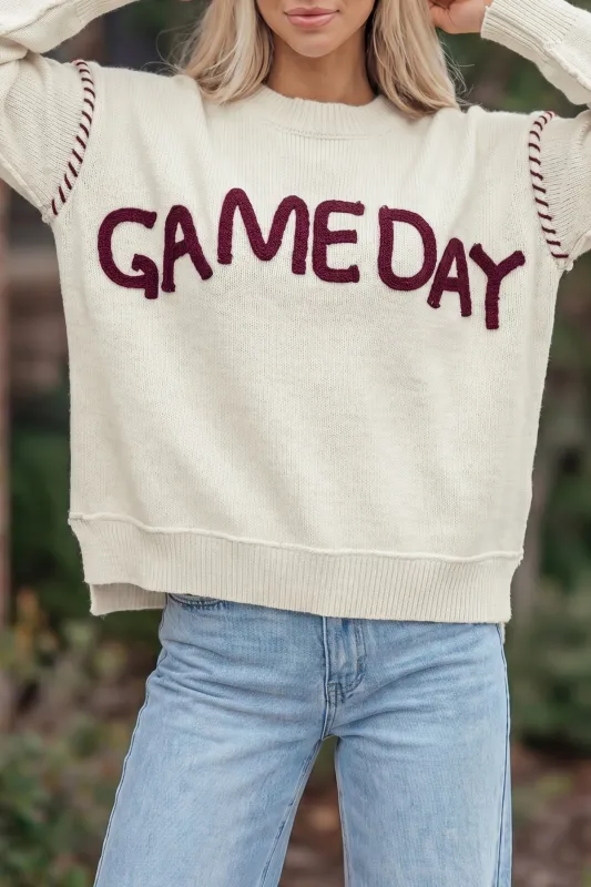 Drop Shoulder Game Day Letter Print Pullover Sweater – Beige made by Beagle Boutique