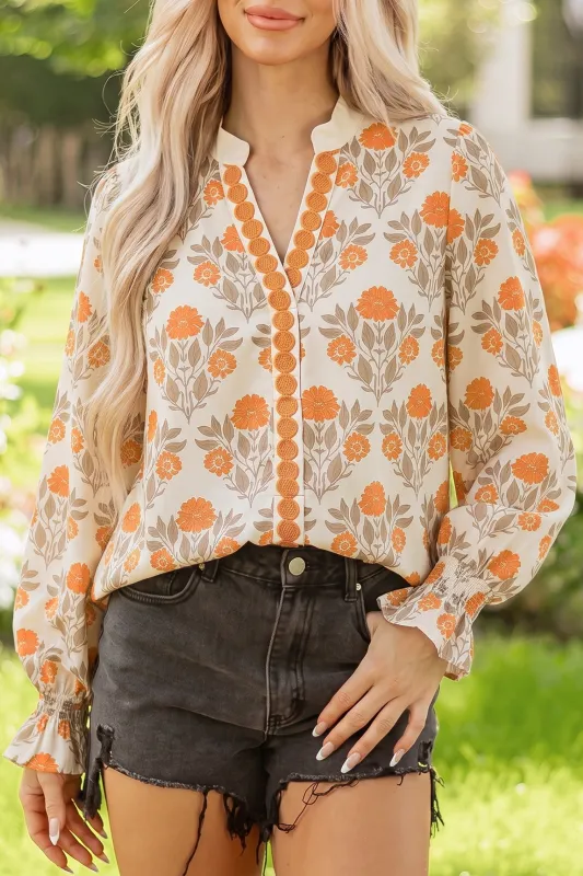 Floral Print Contrast Detail V Neck Long Sleeve Blouse – Orange made by Beagle Boutique