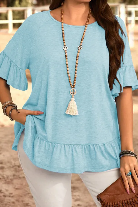 Ruffled Short Sleeve Plus Size Casual Blouse – Light Blue made by Beagle Boutique