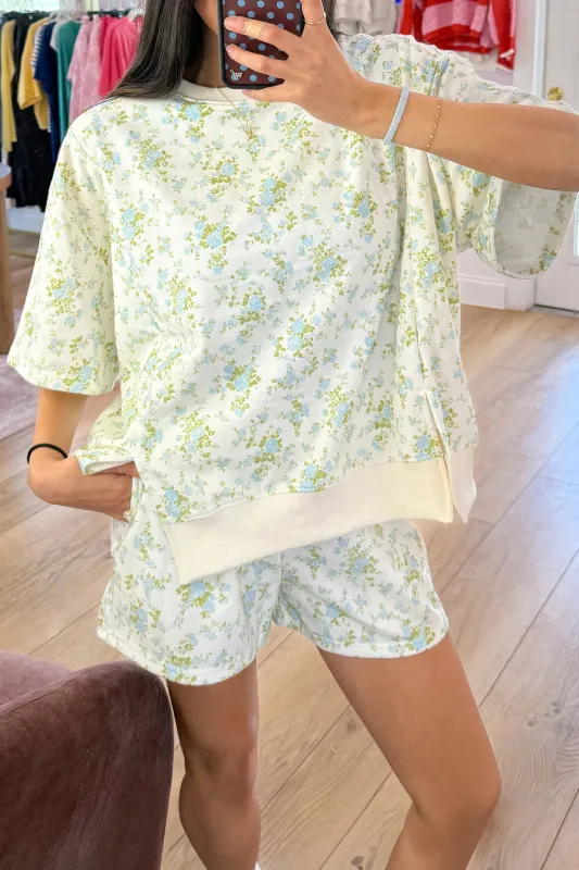 Floral Print Short Sleeve Elastic Waist Pocket Two Piece Set – Sky Blue made by Beagle Boutique