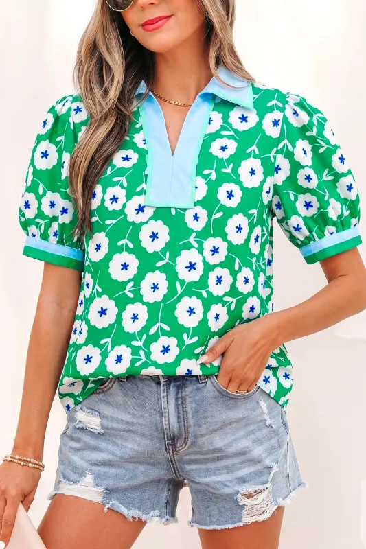 Flower Printed Contrast Patchwork Collar Short Sleeve Blouse – Green made by Beagle Boutique