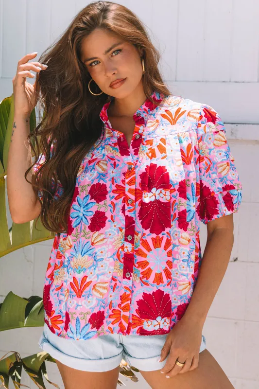 Floral Print Bubble Sleeve Button-Up Pleated Shirt – Pink made by Beagle Boutique