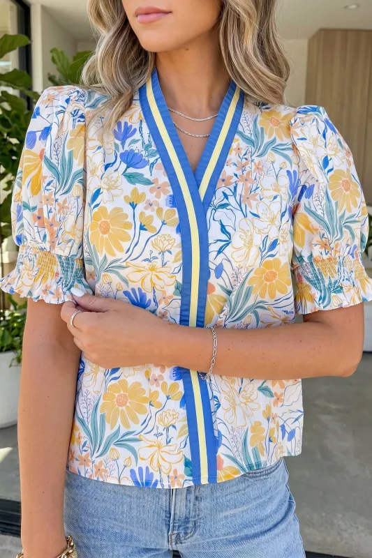 Floral Print Striped Trim V Neck Puff Sleeve Blouse – Yellow made by Beagle Boutique