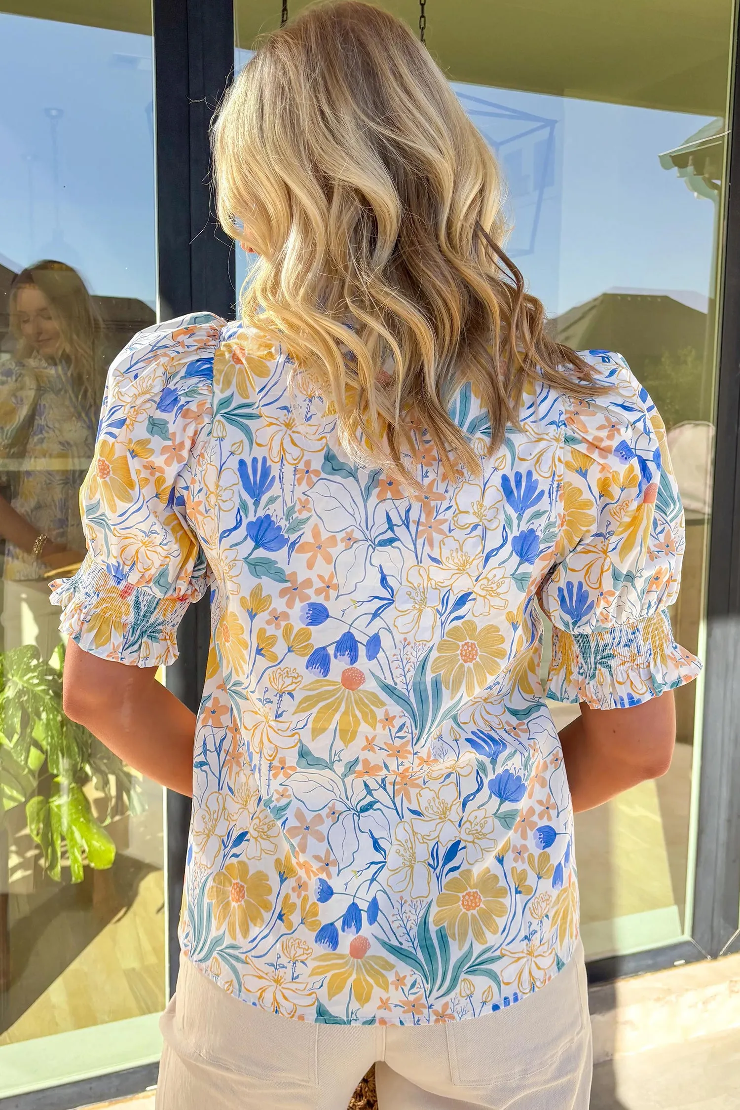 Floral Print Striped Trim V Neck Puff Sleeve Blouse – Yellow sold by Beagle Boutique product image thumbnail 4