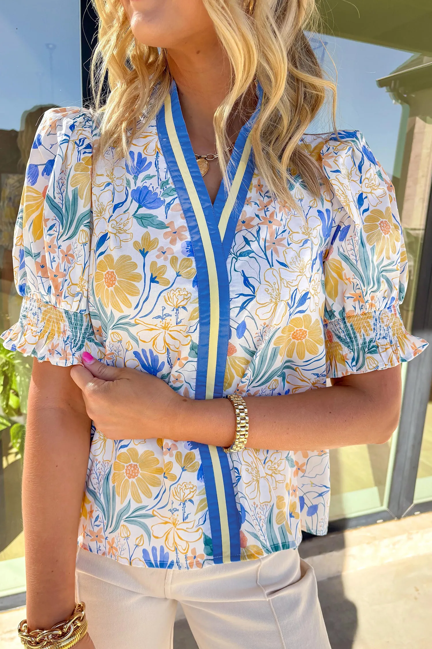 Floral Print Striped Trim V Neck Puff Sleeve Blouse – Yellow sold by Beagle Boutique product image thumbnail 3