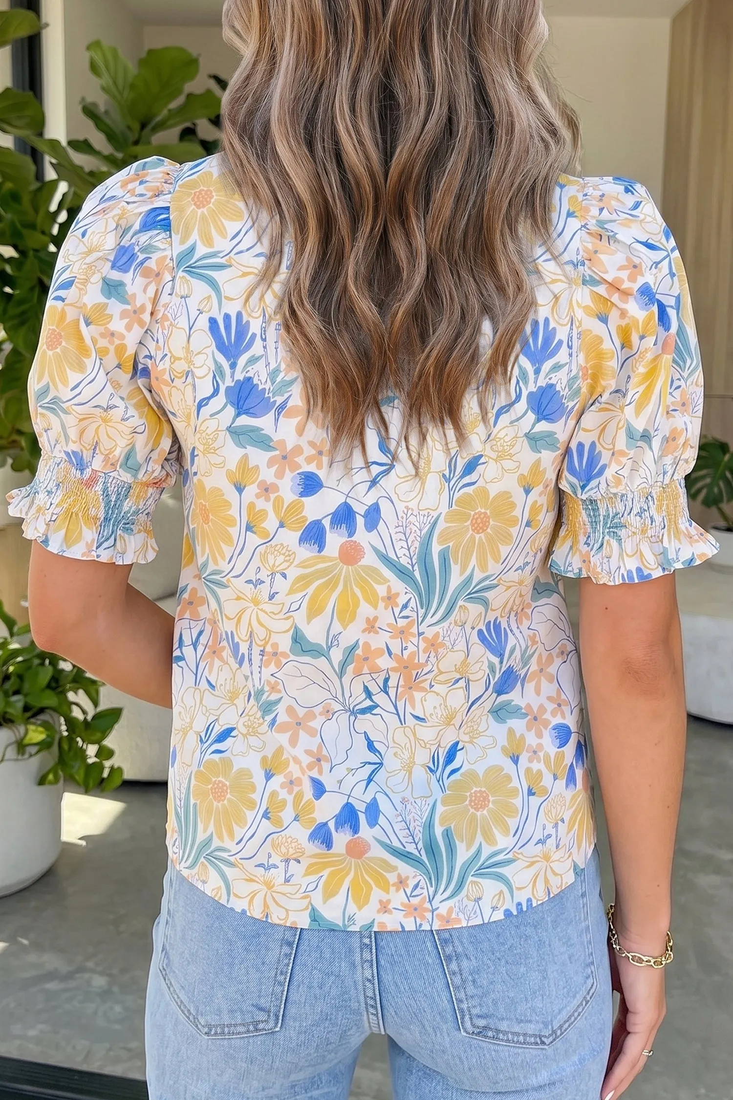 Floral Print Striped Trim V Neck Puff Sleeve Blouse – Yellow sold by Beagle Boutique product image thumbnail 2
