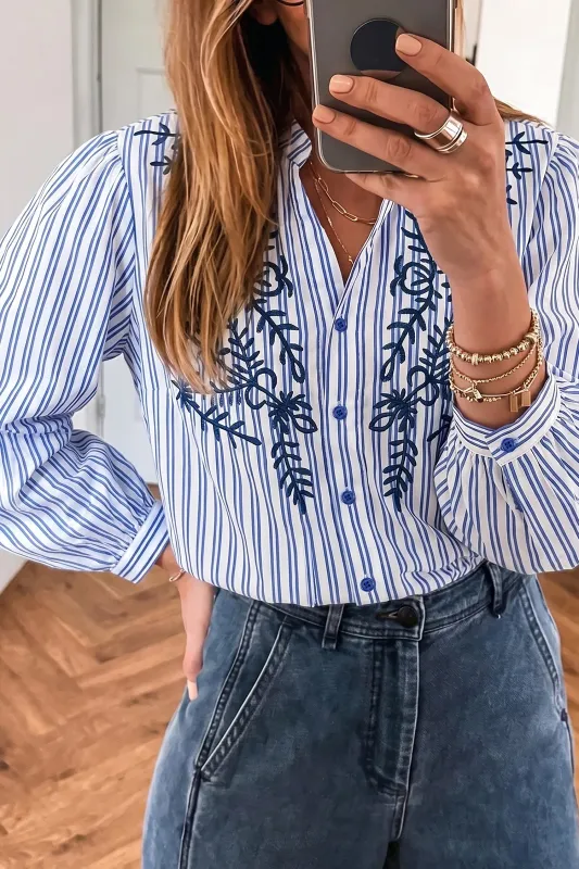 Embroidered Detail Button Front Long Sleeve Shirt – Blue Stripe made by Beagle Boutique