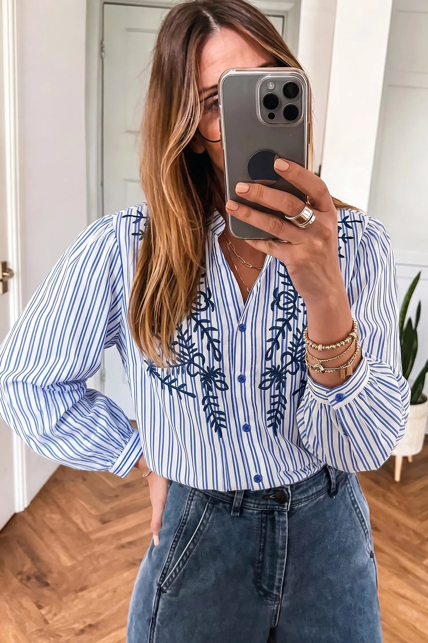 Embroidered Detail Button Front Long Sleeve Shirt – Blue Stripe sold by Beagle Boutique product image thumbnail 3