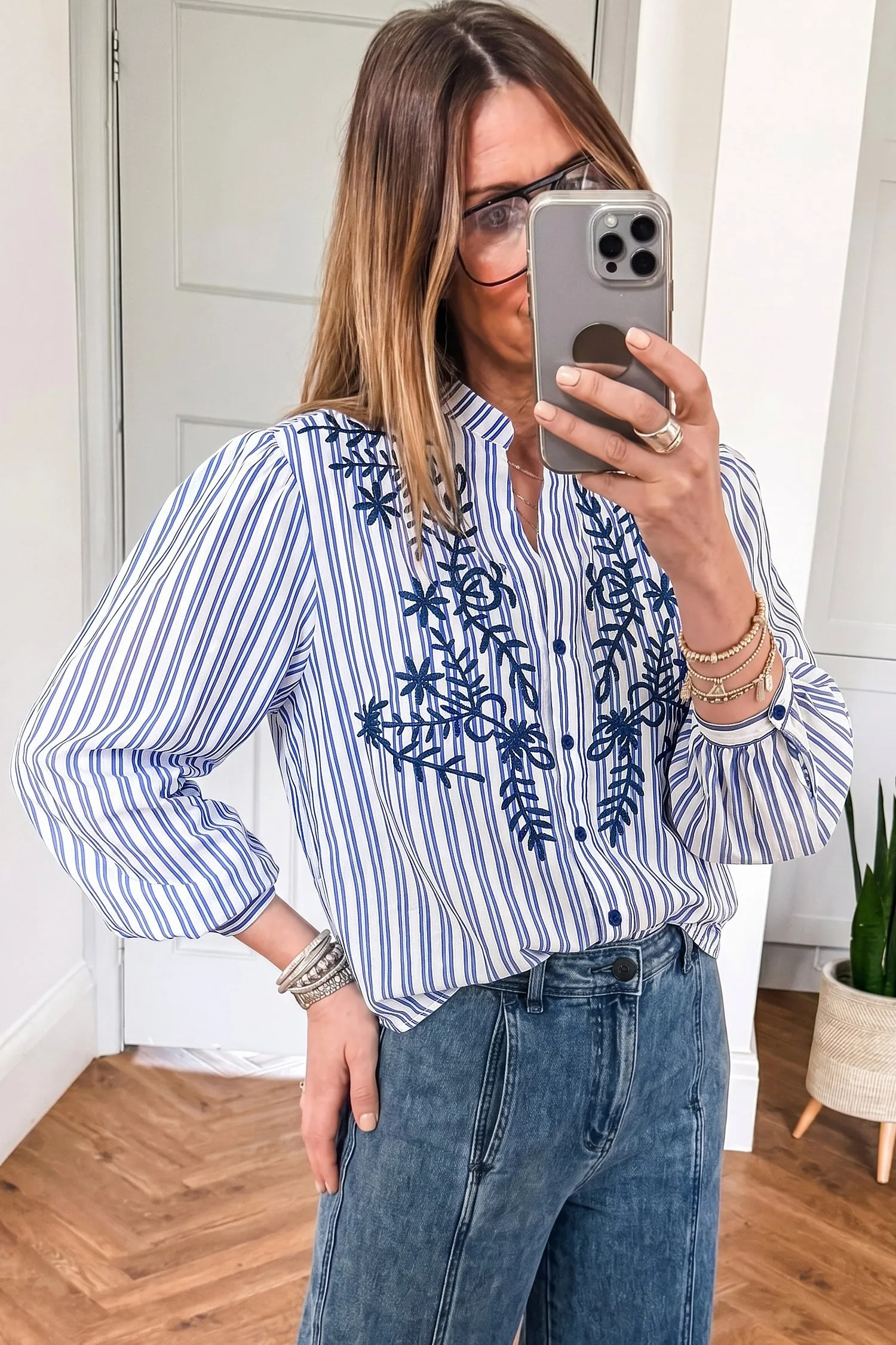 Embroidered Detail Button Front Long Sleeve Shirt – Blue Stripe sold by Beagle Boutique product image thumbnail 2