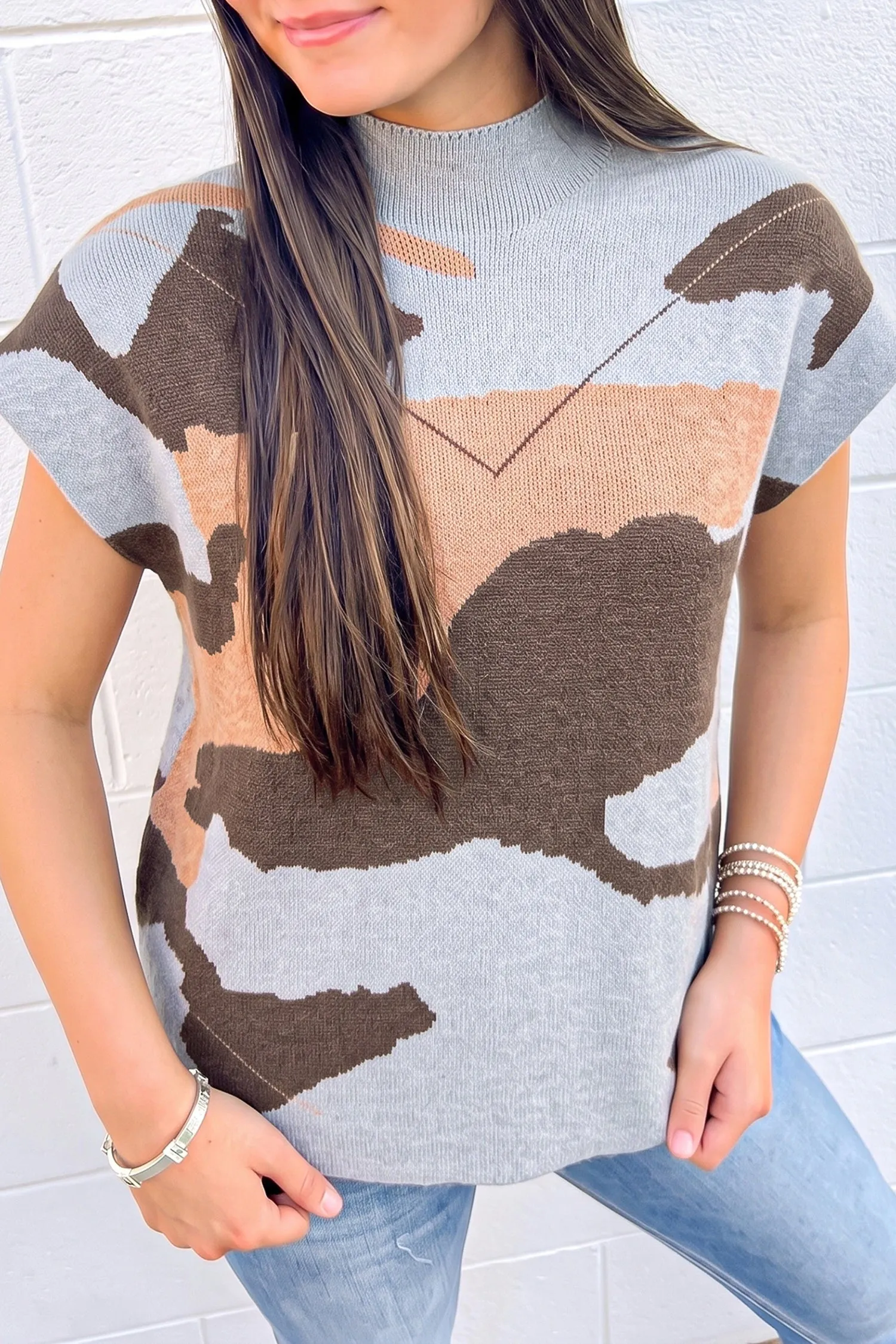 Camouflage Pattern Drop Shoulder High Neck Short Sleeve Shift Sweater – Grey sold by Beagle Boutique product image thumbnail 4
