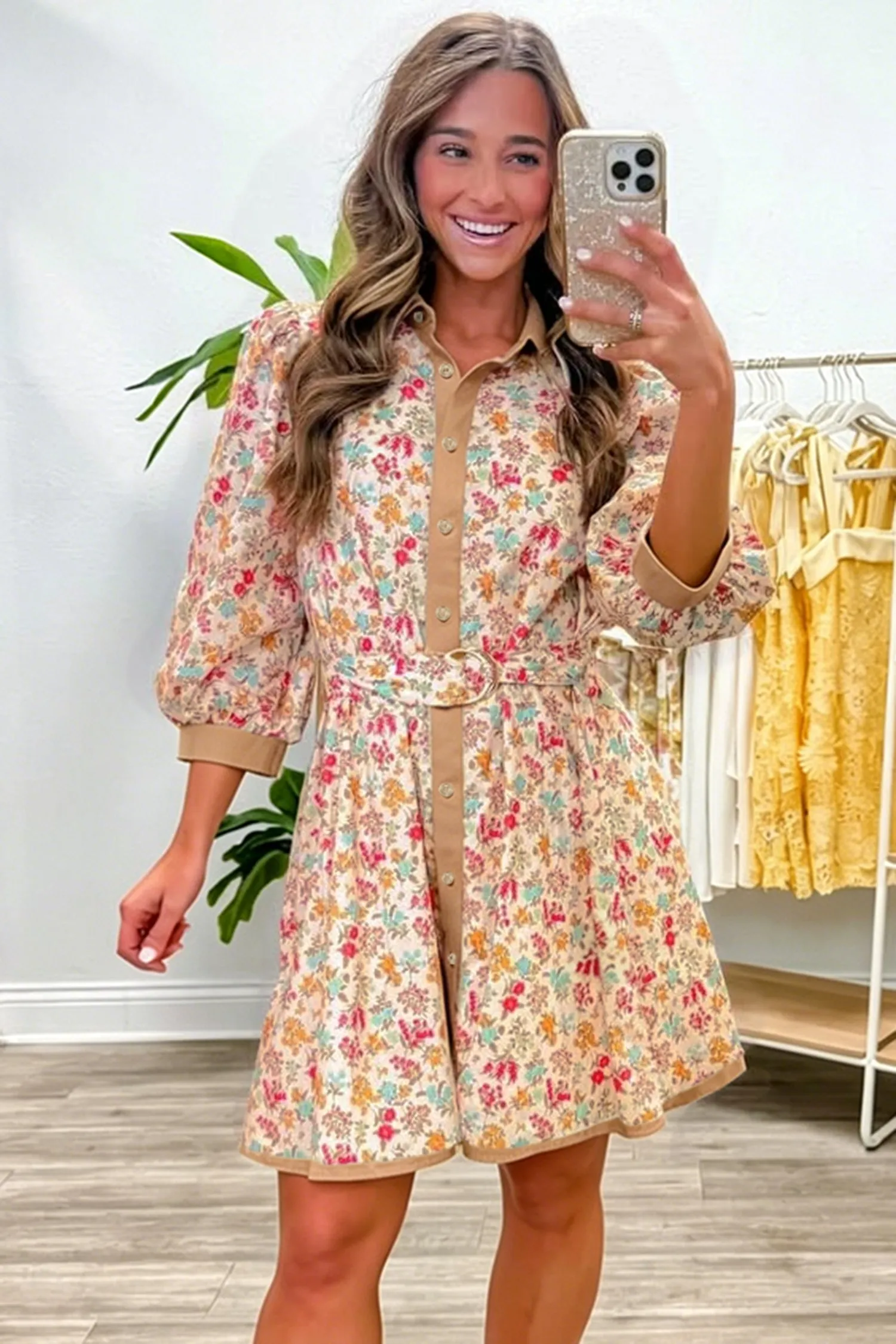 Floral Print Colour Block Trim Button Down 3/4 Sleeve Belted Mini Dress – Orange sold by Beagle Boutique product image thumbnail 5