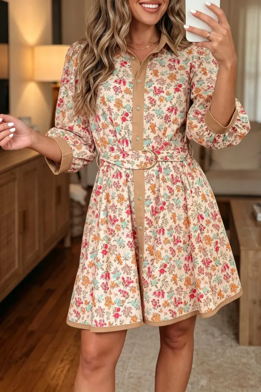 Floral Print Colour Block Trim Button Down 3/4 Sleeve Belted Mini Dress – Orange made by Beagle Boutique