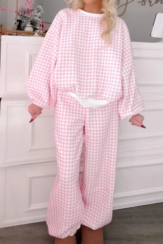 Plaid Long Sleeve Two Piece Pant Set – Pink made by eAura