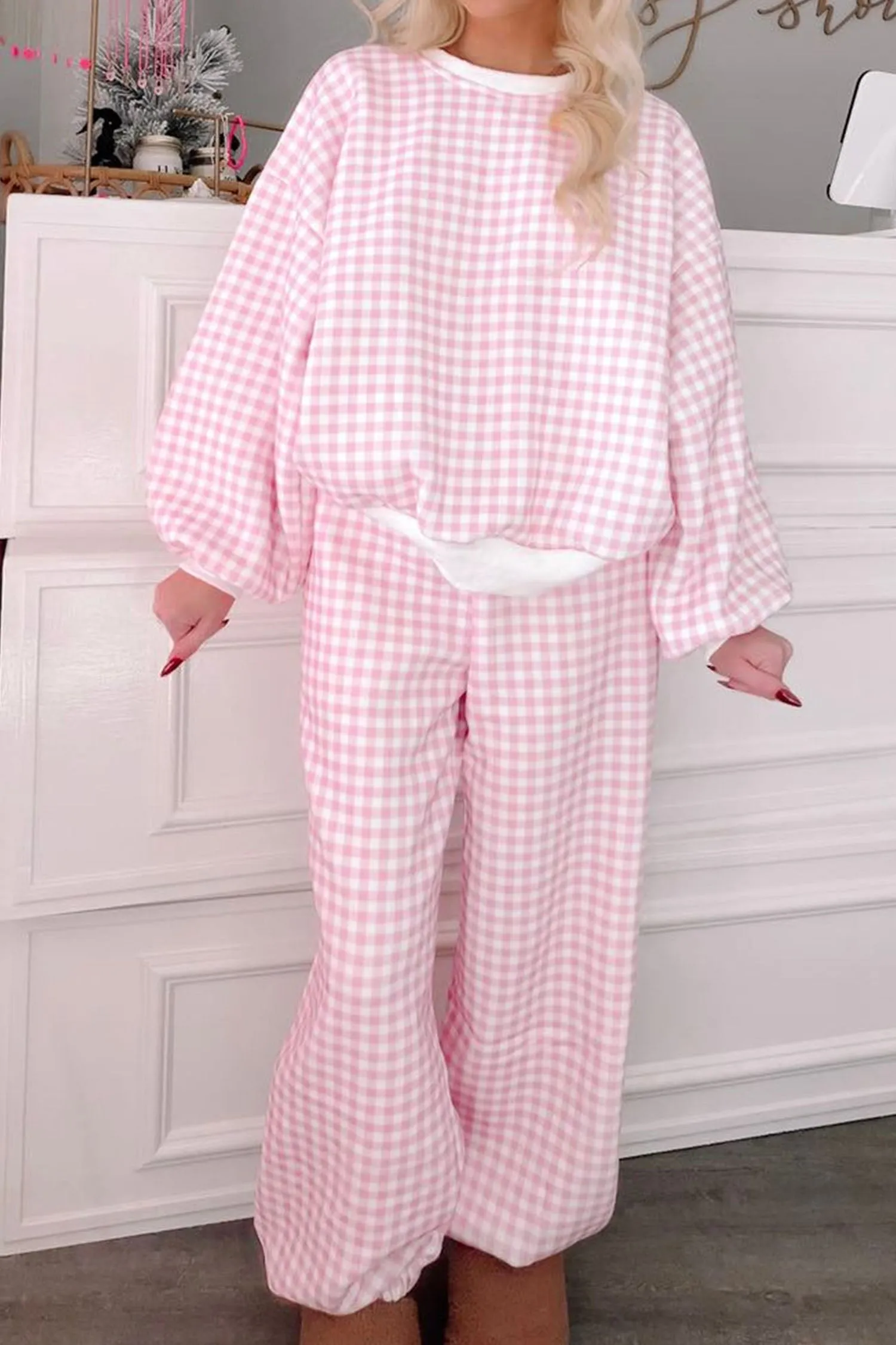 Plaid Long Sleeve Two Piece Pant Set – Pink sold by Beagle Boutique