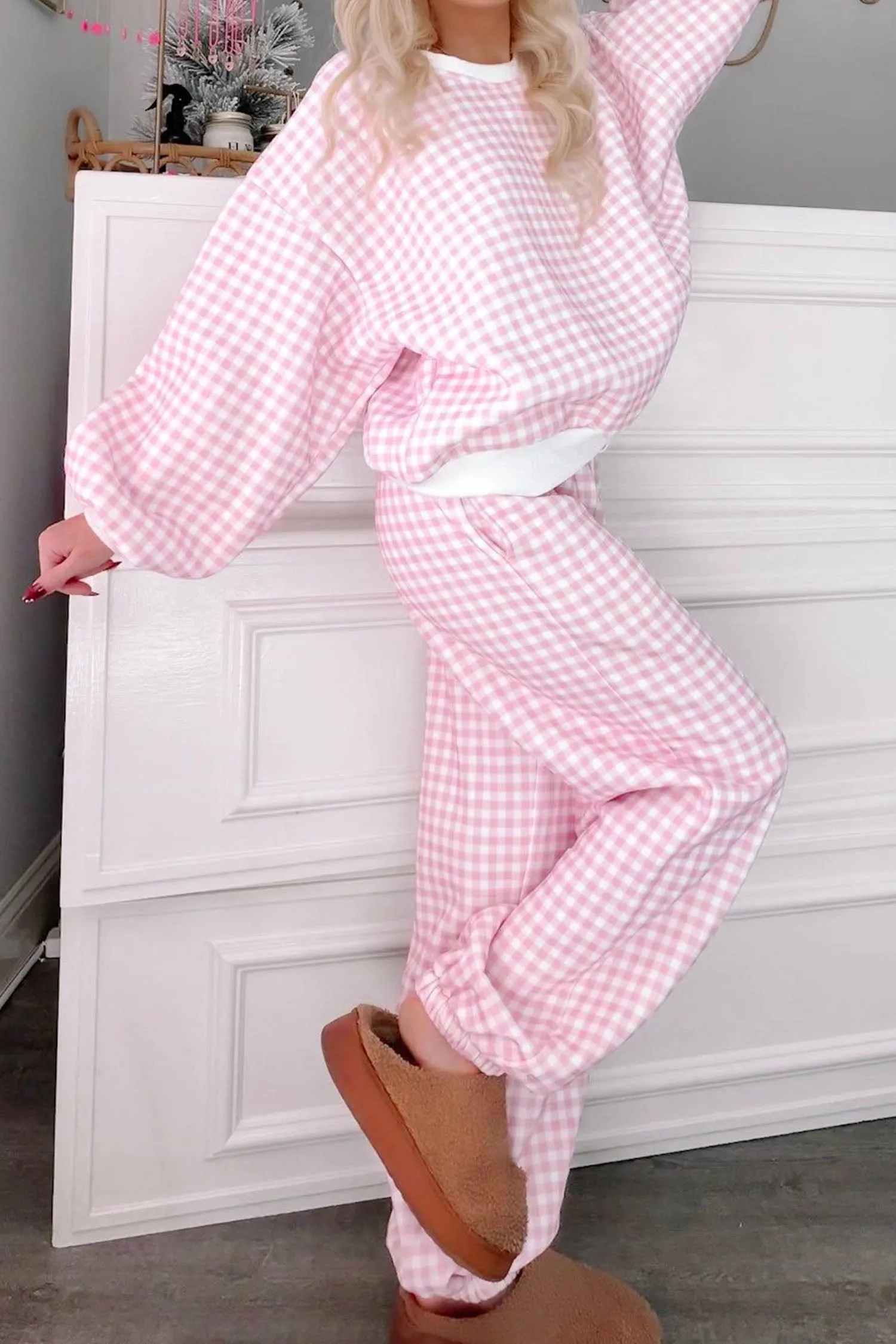 Plaid Long Sleeve Two Piece Pant Set – Pink sold by Beagle Boutique product image thumbnail 2