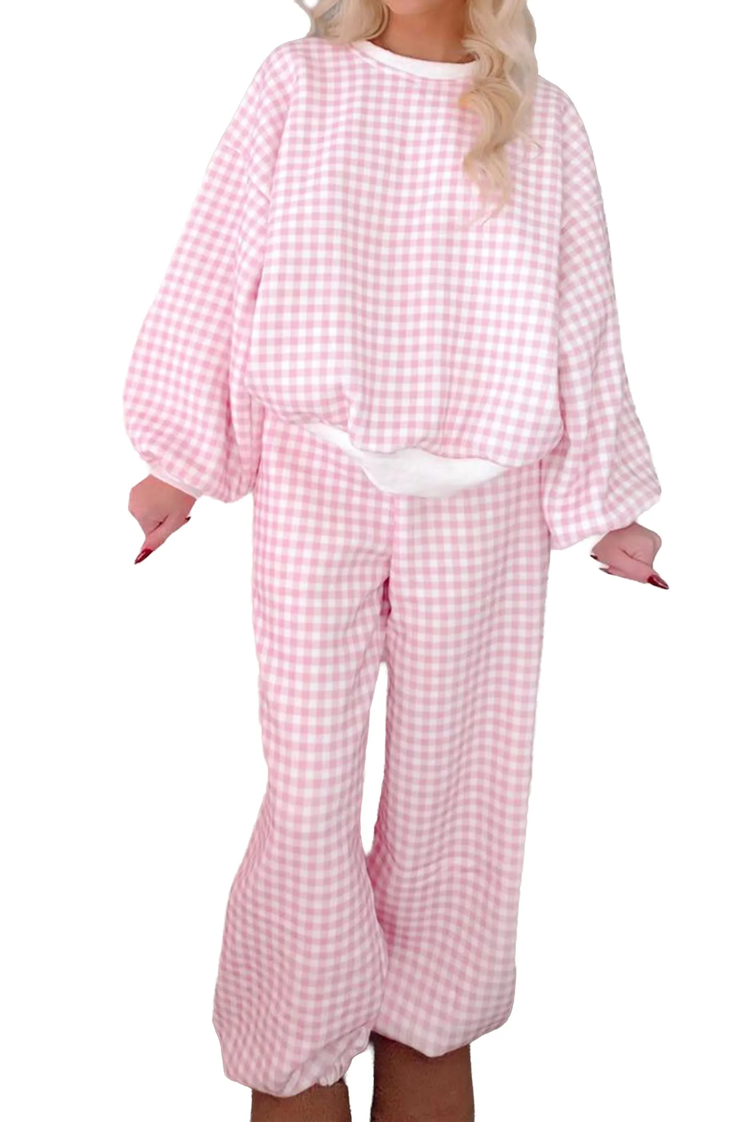 Plaid Long Sleeve Two Piece Pant Set – Pink sold by Beagle Boutique product image thumbnail 4