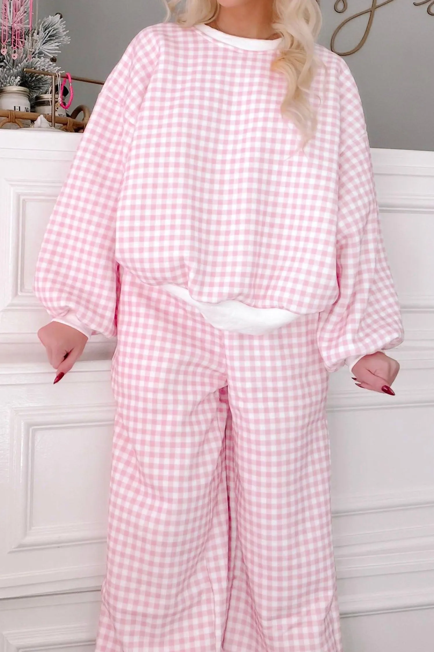 Plaid Long Sleeve Two Piece Pant Set – Pink sold by Beagle Boutique product image thumbnail 3
