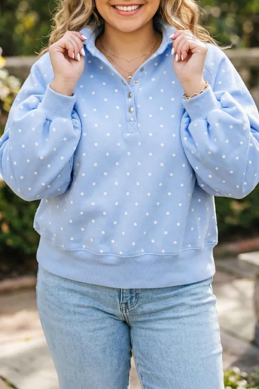 Sky Blue Polka Dot V Neck Metal Button Long Sleeve Shift Plus Size Sweatshirt – Light Blue made by Beagle Boutique