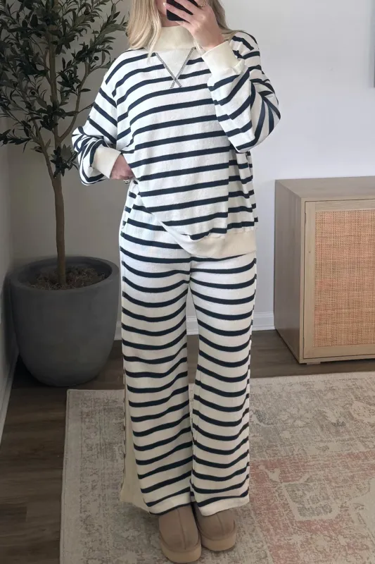 Striped Ribbed Cuff Collar Pocket Loose Pant Set – Blue Stripe made by Beagle Boutique