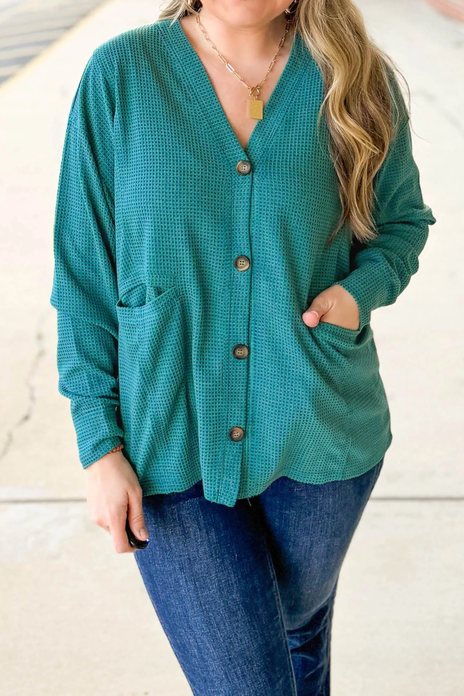 V Neck Waffle Textured Button Front Tunic Long Sleeve Plus Size Cardigan – Lapis sold by Beagle Boutique product image thumbnail 4