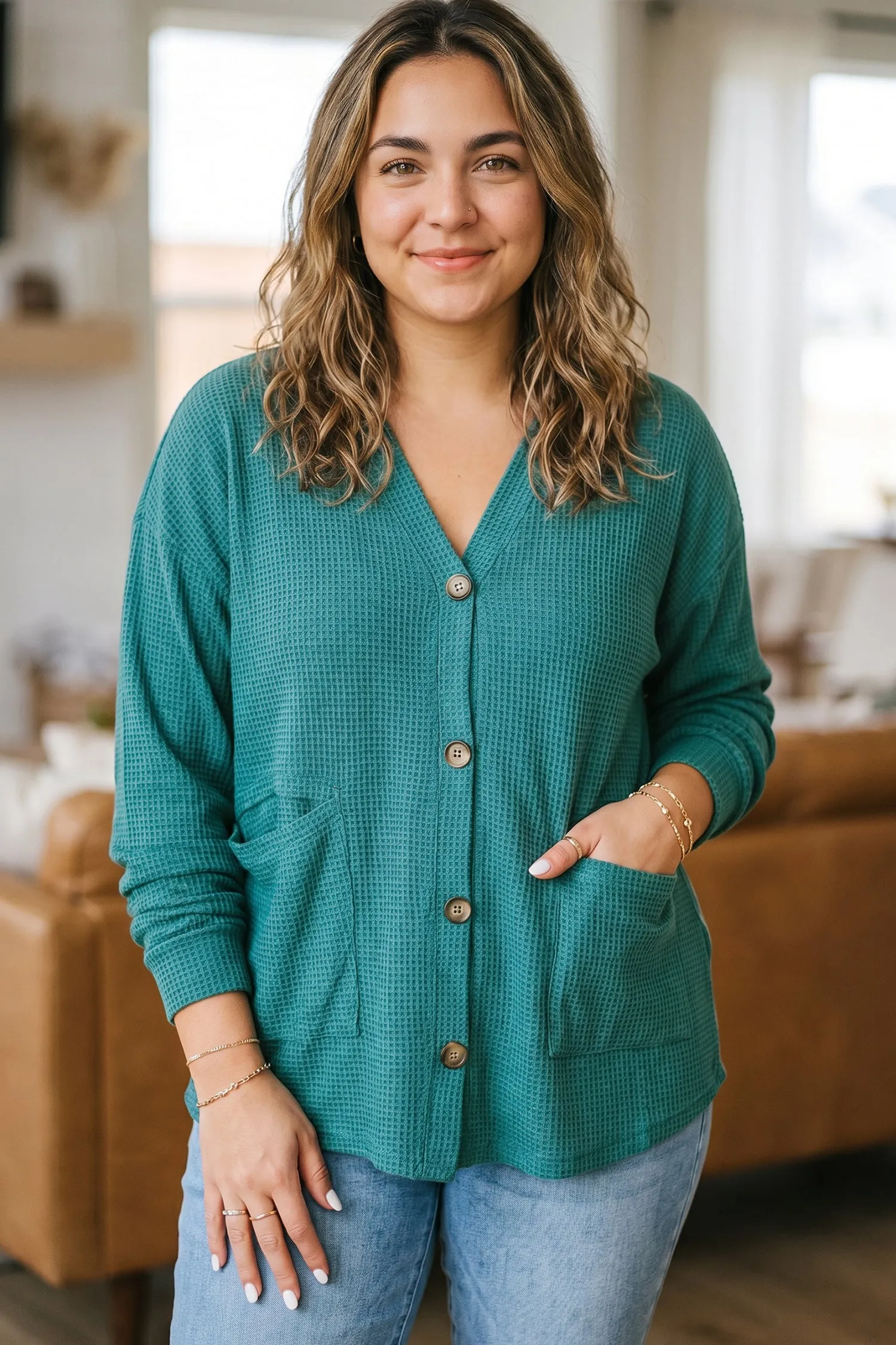 V Neck Waffle Textured Button Front Tunic Long Sleeve Plus Size Cardigan – Lapis sold by Beagle Boutique product image thumbnail 3
