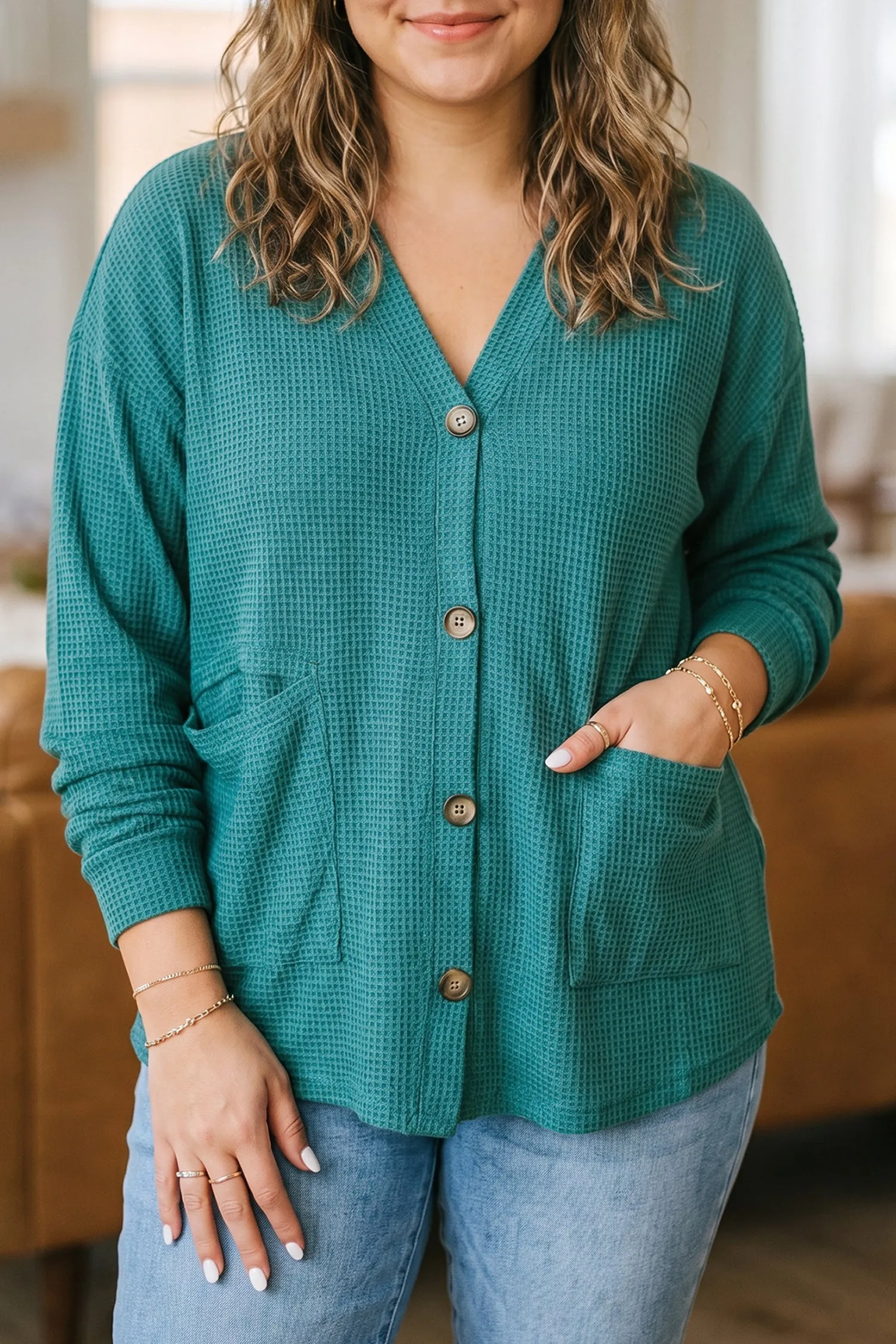 V Neck Waffle Textured Button Front Tunic Long Sleeve Plus Size Cardigan – Lapis sold by Beagle Boutique