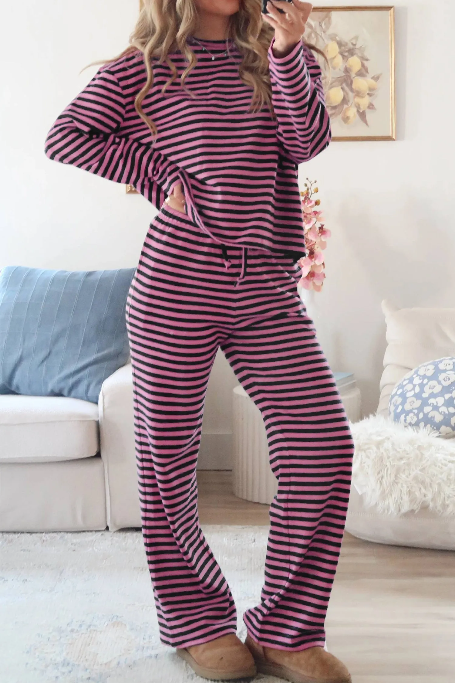 Casual Long Sleeve Top Drawstring Pant Set – Pink Stripe sold by Beagle Boutique product image thumbnail 4