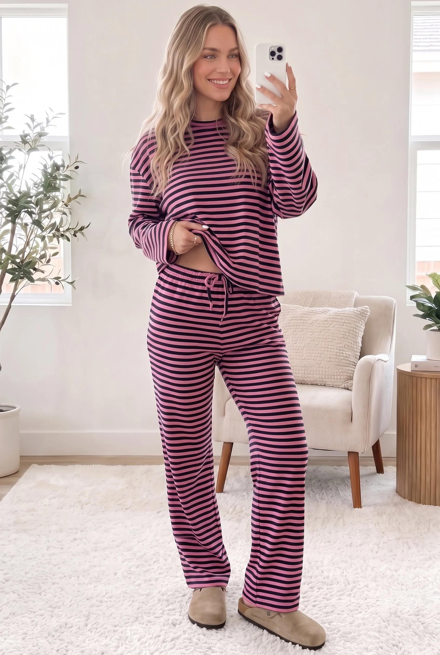 Casual Long Sleeve Top Drawstring Pant Set – Pink Stripe sold by Beagle Boutique product image thumbnail 3